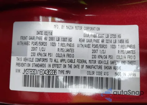 2014 Mazda Cx-9 Grand Touring from USA, damaged, VIN JM3TB3DV1E0436336